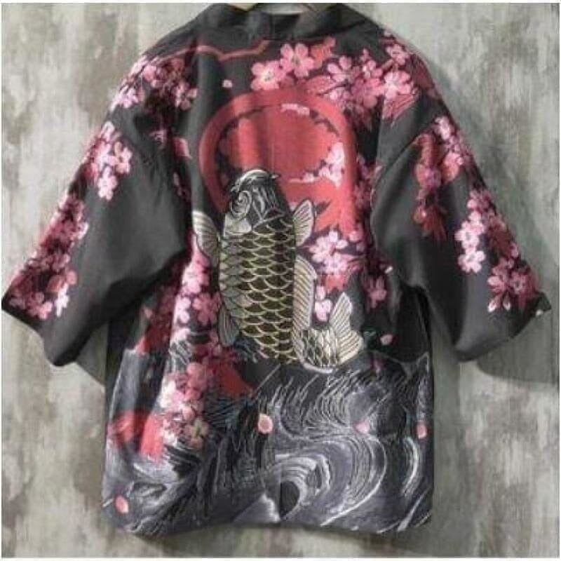 Veste Kimono Koi & Fleurs Kimono Cardigan Haori mixte Kimono Japonais L 
