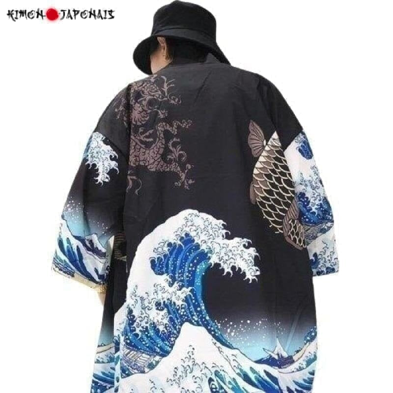 Veste Kimono ´Vague´ Kimono Cardigan Haori mixte Kimonojaponais Noir L 