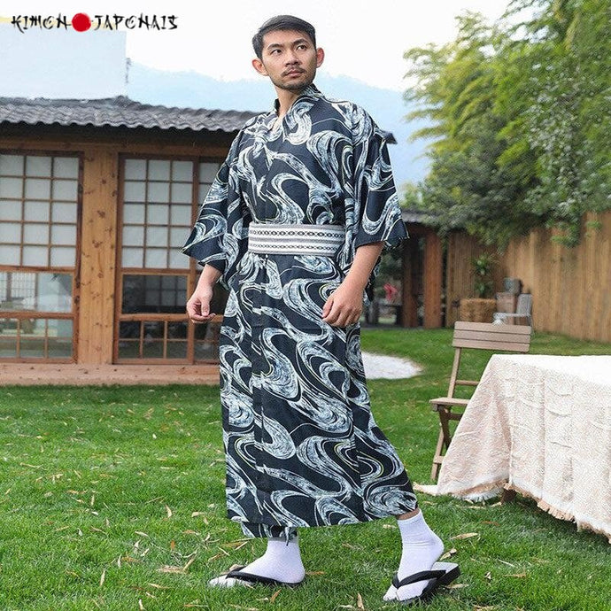 YUKATA HOMME BLEU VAGUES AGITEES - Kimono Japonais