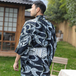 YUKATA HOMME BLEU VAGUES AGITEES - Kimono Japonais