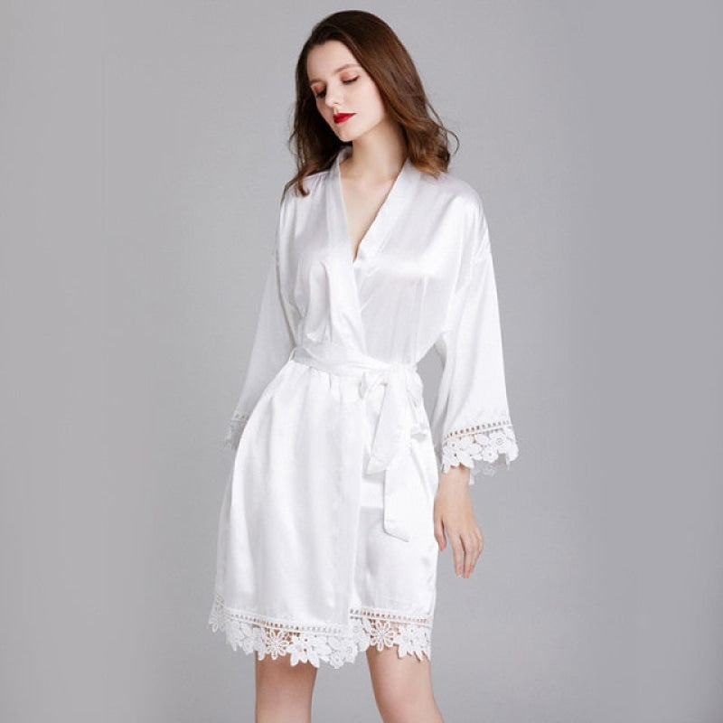 Kimono Femme Satin Ange Blanc Dentelle L(165-170Cm)