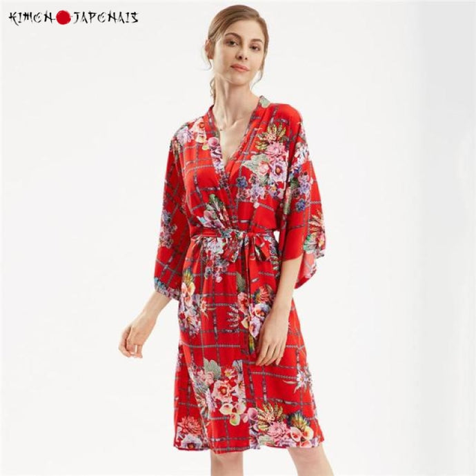 Kimono Femme Satin Pourpre Floral Yukata