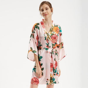 Kimono Femme Satin Rose Printemps Yukata