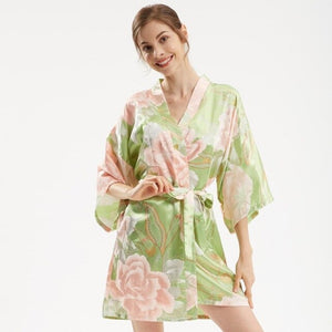 Kimono Femme Satin Vert Printemps Floral Yukata