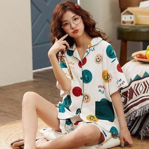Pajamas Women Short-sleeved Shorts Cardigan Korean Shirt Collar Cotton Thin Section Large Size Girly Style Pyjama Femme Coton - Kimono Japonais