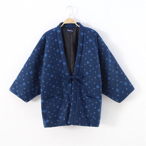 Vintage Men Solid Kimono Haori Coat Winter Thick Cotton-Padded Kimonos Robe Jacket Japan Samurai